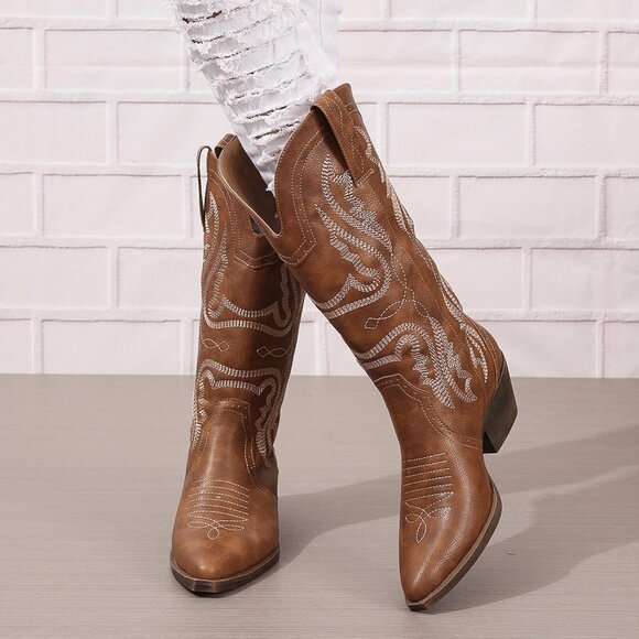 ⚡Women Brown Synthetic Cowgirl Mid Calf Pointed Toe Chunky Block Heel Boots - Picture 4 of 5